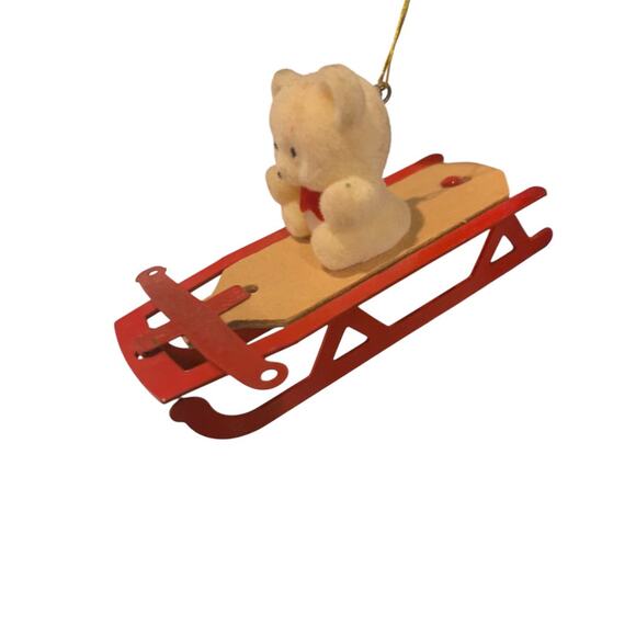 Vintage Flocked Teddy Bear on Sled Ornament Metal Wood - Picture 5 of 6